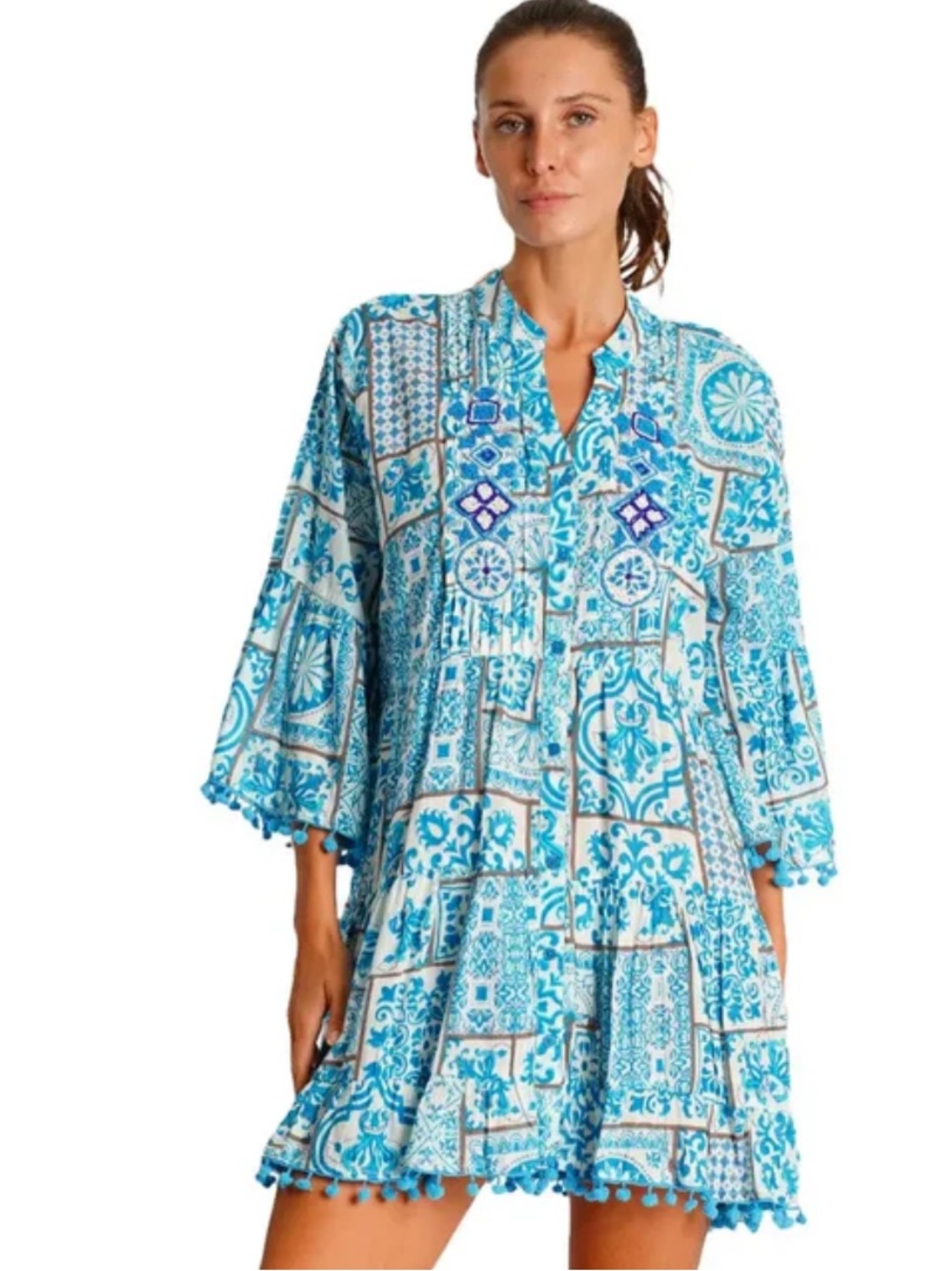 Club Moda SHIRT DRESS COVER UP Sz L / XL Mini Swing Blue Resort Vacation NWT